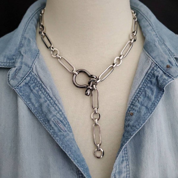 Silver Chunky Paperclip Chain Necklace, Y Lariat Necklace, Gunmetal Shackle Horseshoe Carabiner Necklace, Choker Necklace, Mix Metal