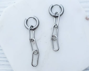 Silver Hoop Paperclip Chain Dangle Earrings, Stainless Steel Earrings,  Convertible, Chain Drop Earrings, Huggies, Hypoallergenic Earrings