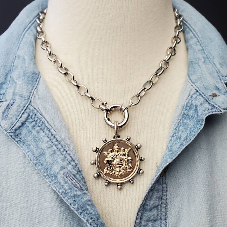 Large Gold Silver Coin Pendant Necklace, French Coin Charm Necklace, Angel Coin Necklace, Chunky Coin Medallion Pendant Necklace French Deco image 3