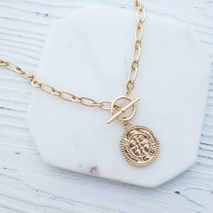 Gold Cross Medallion Coin Toggle Necklace, Gold Paperclip Chain Necklace, Gold Toggle Necklace, Layering Pendant Necklace,  Classic Necklace