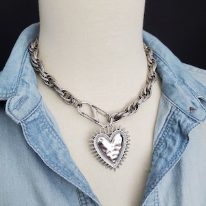 Antique Silver Multilink Chain Choker Necklace, Large Spiked Heart Pendant, Double Carabiner Necklace, Textured Chain, Gothic Necklace