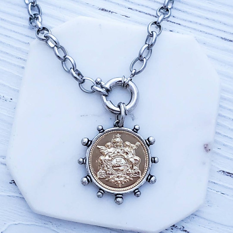Large Gold Silver Coin Pendant Necklace, French Coin Charm Necklace, Angel Coin Necklace, Chunky Coin Medallion Pendant Necklace French Deco image 4