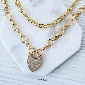 Gold Curbed Chain Necklace, Pave CZ Clasp, Lock Clasp, Thick Chain Necklace, Shiny Gold Plated, Layering Necklace, Statement Chain Necklace image 9