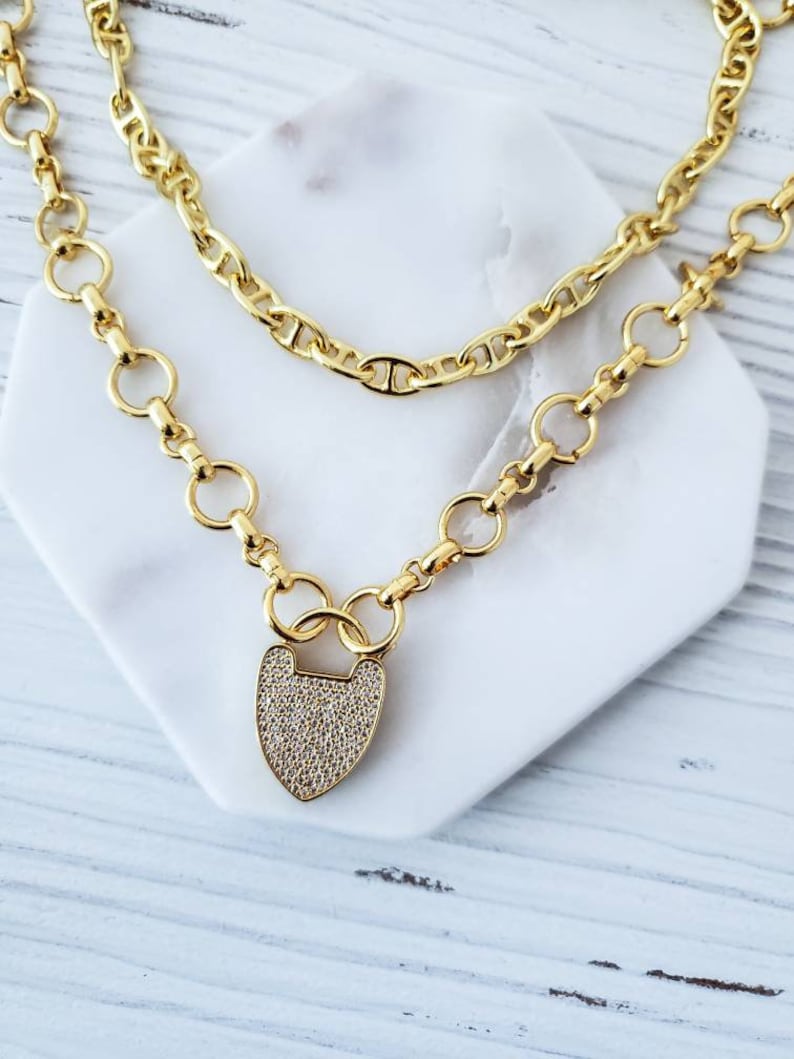 Gold Curbed Chain Necklace, Pave CZ Clasp, Lock Clasp, Thick Chain Necklace, Shiny Gold Plated, Layering Necklace, Statement Chain Necklace image 9