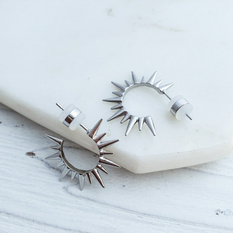 Silver Spike Hoop Earrings, Celestial Stud Earrings, Open Hoops Earrings, Dainty Earrings, Sunburst Hoops Skinny Spiked Trendy Earrings image 3