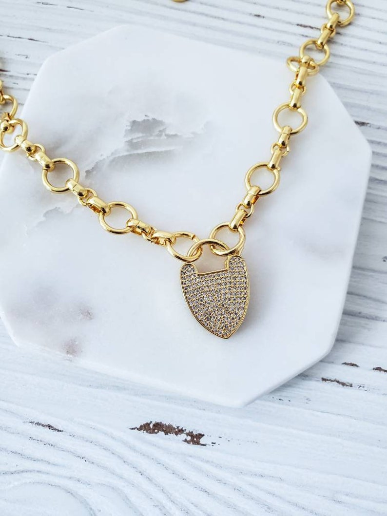 Gold Curbed Chain Necklace, Pave CZ Clasp, Lock Clasp, Thick Chain Necklace, Shiny Gold Plated, Layering Necklace, Statement Chain Necklace CZ Lock Necklace