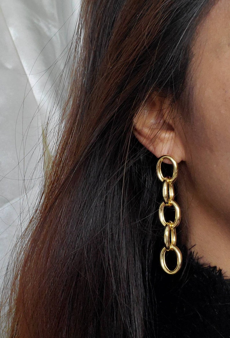 Gold Chunky Chain Link Earrings, Cuban Curbed Chain Earrings, Large Long Paperclip Chain Earrings, Dainty Dangle Earrings Trendy Minimalist image 8
