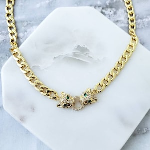 Double Panther Curbed Cuban Chain Choker Necklace, Adjustable Choker, Gold CZ Pave Panther Lion Pendant, Carabiner Necklace,  Layering