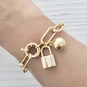 Gold Paperclip Charm Bracelet, Ball & Lock Charm Bracelet, Gold Paperclip Chain, Stacking Bracelet, Padlock, Classic Minimalist Silver