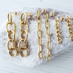 Gold Chunky Chain Link Earrings, Cuban Curbed Chain Earrings, Large Long Paperclip Chain Earrings, Dainty Dangle Earrings Trendy Minimalist 3 Pair FULL SET