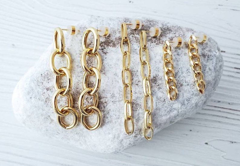 Gold Chunky Chain Link Earrings, Cuban Curbed Chain Earrings, Large Long Paperclip Chain Earrings, Dainty Dangle Earrings Trendy Minimalist 3 Pair FULL SET