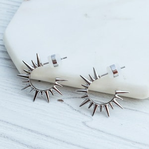 Silver Spike Hoop Earrings, Celestial Stud Earrings, Open Hoops Earrings, Dainty Earrings, Sunburst Hoops Skinny Spiked Trendy Earrings Silver