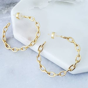 Chain Link 18k Gold Heavy Plated Open Hoops Earrings Large & Small Dainty Earrings Curbed Chain Hoops Link Light Weight Trendy Hoop Earrings