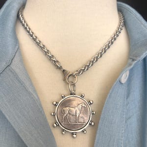 Silver Equestrian Horse Coin Pendant Necklace, Stainless Steel Wheat Chain, Antique Silver Coin Necklace, Large Pendant Necklace, Vintage