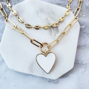 Gold Thick Chunky Paperclip Chain Necklace, Carabiner Necklace, Ring Clasp, Enamel Heart Charm Necklace, Gold Puff Button Mariner Necklace