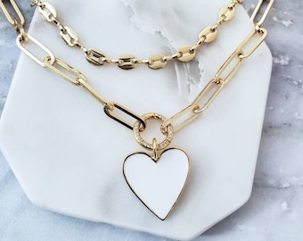 Gold Thick Chunky Paperclip Chain Necklace, Carabiner Necklace, Ring Clasp, Enamel Heart Charm Necklace, Gold Puff Button Mariner Necklace