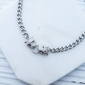 Double Panther Curbed Cuban Chain Choker Necklace, Adjustable Choker, SILVER CZ Pave Panther Lion Pendant, Carabiner Necklace,  Layering