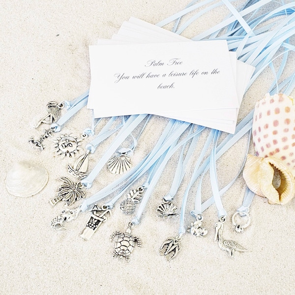 15 BEACH WEDDING Style Cake Pulls on Ribbon Charms set