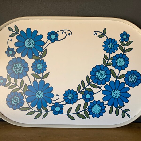 Vintage Melamine Tray, Blue Flower Power design