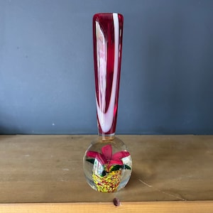 Vintage Murano Style Flower Bud Vase Red and White Swirl