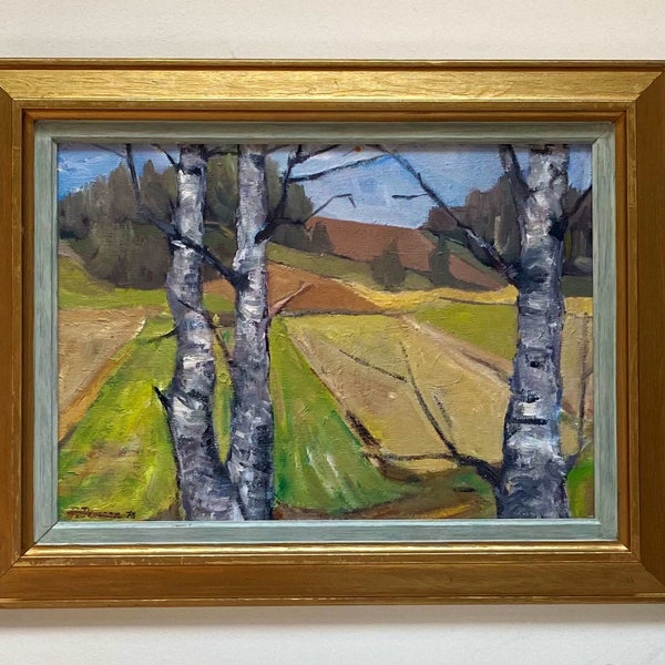 Original Modernist European  Landscape Oil Painting.Fields And Trees Vintage Framed Wall Hanging. Farmhouse Home Decor.  Fine Art 1973