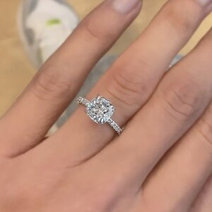 1.0-2.5 Cushion Cut Lab Grown Diamond Hidden Halo Engagement Ring, D-E-F / VVS1-VS1 IGI Certified Lab Created Diamond Ring, 14k White Gold