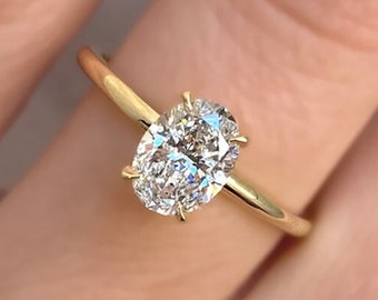 0.7-2.0 Carat Oval Cut Lab Grown Diamond Engagement Ring Solitaire, D-E-F / VVS1-VS1 IGI Certified Lab Created Diamond Ring, 14k Yellow Gold