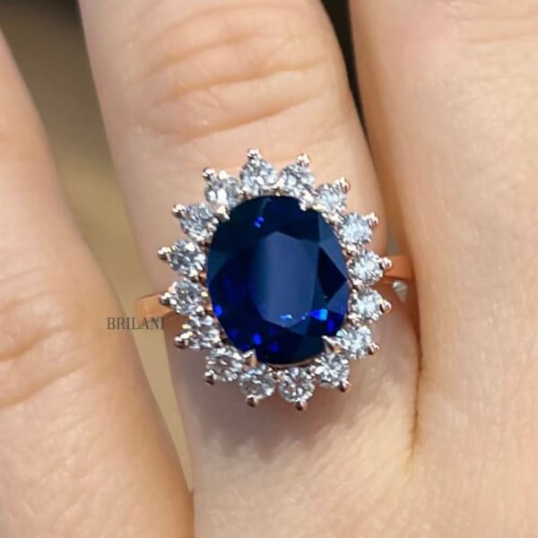 6ct Oval Cut Blue Sapphire Engagement Ring 14k Rose Gold Natural Royal Blue Sapphire Diana Ring Handmade Anniversary Ring