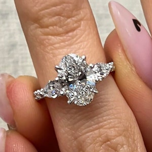 0.7-2.0 Oval Cut Lab Grown Diamond Engagement Ring Three Stone, D-E-F / VVS1-VS1 IGI Certified Lab Created Diamond Ring, 14k White Gold