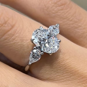 1.5-3.0 Oval Cut Lab Grown Diamond Engagement Ring Three Stone, D-E-F / VVS1-VS1, IGI Certified Lab Created Diamond Ring, 14k White Gold