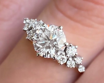 0.7-2.0 Round Cut Lab Grown Diamond Engagement Ring Snowdrift, D-E-F / VVS1-VS1 IGI Certified Lab Created Diamond Ring, 14k White Gold