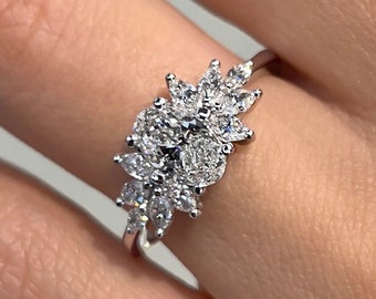 1.50 Carat F/VS1 Oval Cut Lab Grown Diamond Cluster Engagement Ring, IGI Certified Lab Created Diamond Ring, 14k White Gold