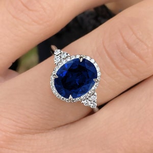 5.50ct Carat Oval Cut Blue Sapphire Engagement Ring 14k White Gold Platinum Natural Royal Blue Sapphire Ring Handmade Anniversary Ring