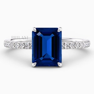 4.50ct Emerald Cut Blue Sapphire Engagement Ring 14k White Gold Hidden Halo Natural Royal Blue Sapphire Ring Handmade Anniversary Ring