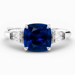 3.50ct Cushion Cut Blue Sapphire Engagement Ring 14k White Gold Unique Natural Royal Blue Sapphire Ring Handmade Anniversary Ring