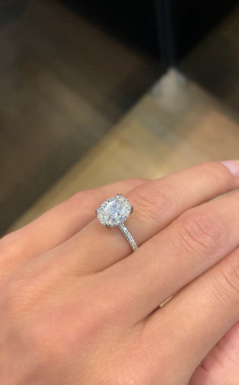 Oval Cut Moissanite Engagement Ring Hidden Halo 14k White Gold Etsy