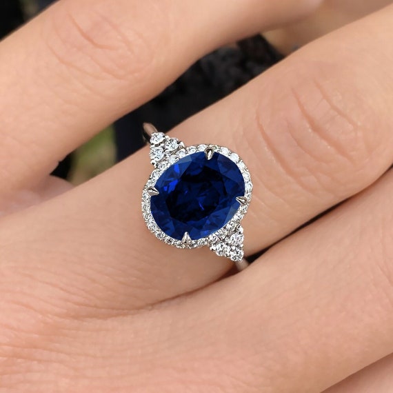 Bague De Fiançailles Saphir Bleu Ovale 3.30 Ct En Or Jaune 14 Carats - Personnalisable, Réglable