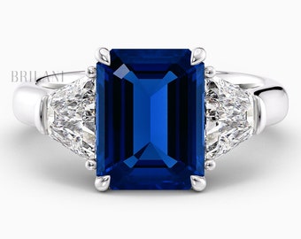 6ct Emerald Cut Blue Sapphire Engagement Ring 14k White Gold Three Stone Natural Royal Blue Sapphire Ring Handmade Anniversary Ring