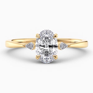 0.7-2.0 Oval Cut Lab Grown Diamond Engagement Ring Three Stone, D-E-F / VVS1-VS1 IGI Certified Lab Created Diamond Ring, 14k Yellow Gold