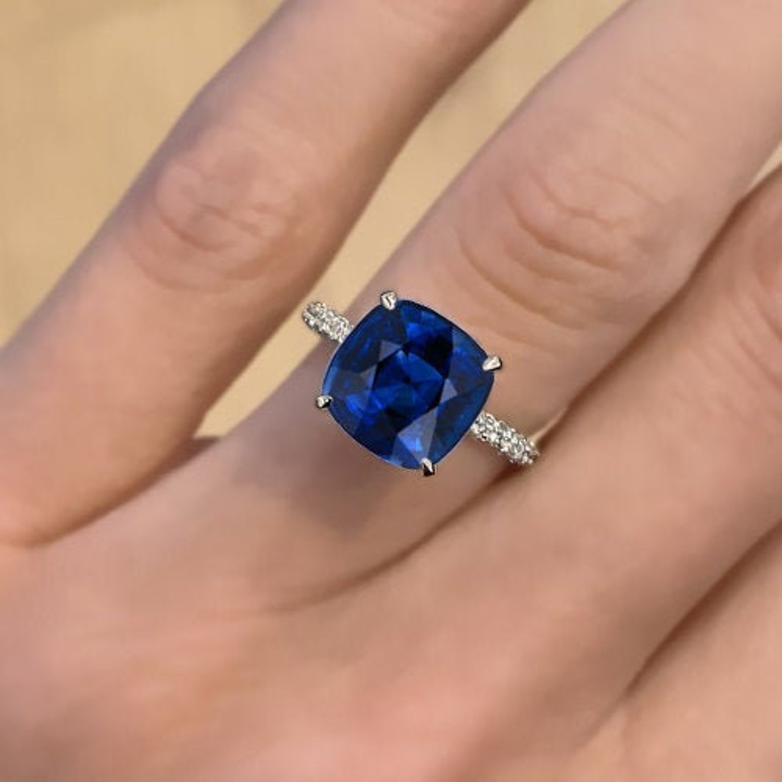 4.40ct Cushion Cut Blue Sapphire Engagement Ring Hidden Halo | Etsy