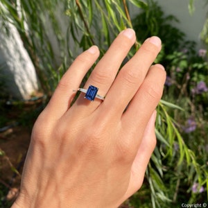 2ct Emerald Cut Blue Sapphire Engagement Ring 14k White Gold Three Stone Natural Royal Blue Sapphire Ring Handmade Anniversary Ring image 3