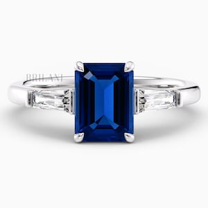 2ct Emerald Cut Blue Sapphire Engagement Ring 14k White Gold Three Stone Natural Royal Blue Sapphire Ring Handmade Anniversary Ring