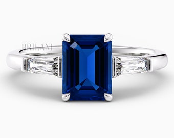 2ct Emerald Cut Blue Sapphire Engagement Ring 14k White Gold Three Stone Natural Royal Blue Sapphire Ring Handmade Anniversary Ring