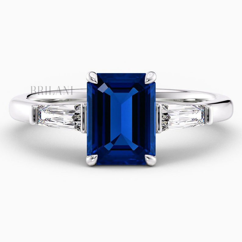 2ct Emerald Cut Blue Sapphire Engagement Ring 14k White Gold Three Stone Natural Royal Blue Sapphire Ring Handmade Anniversary Ring image 1