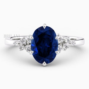 2.20ct Oval Cut Blue Sapphire Engagement Ring 14k White Gold Snowdrift Natural Royal Blue Sapphire Ring Handmade Anniversary Ring