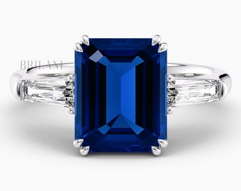 4.60ct Emerald Cut Blue Sapphire Engagement Ring 14k White Gold Three Stone Natural Royal Blue Sapphire Ring Handmade Anniversary Ring