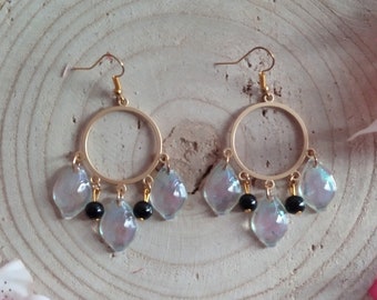 Boucles D'oreilles Clips Vintage Années 70 - Pampilles Perles Noir Et Or - Modèle 694