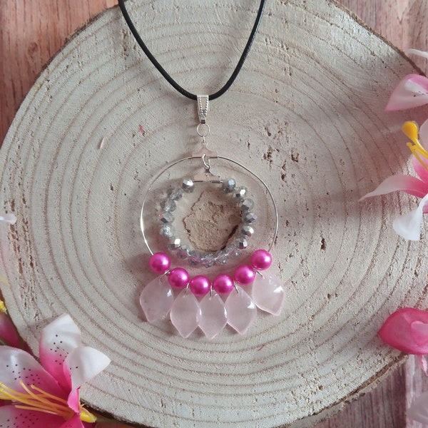 Collier pampilles et perles roses, pendentif rond, bijou brillant, fait-main, artisanal