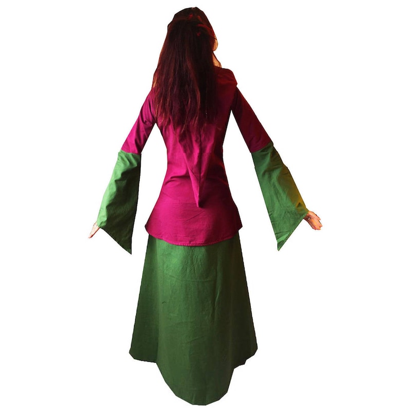 long green red medieval hood hooded maiden CORSET DRESS wicca pagan S M L XL