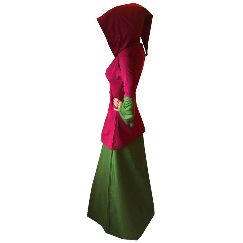 long green red medieval hood hooded maiden CORSET DRESS wicca pagan S M L XL